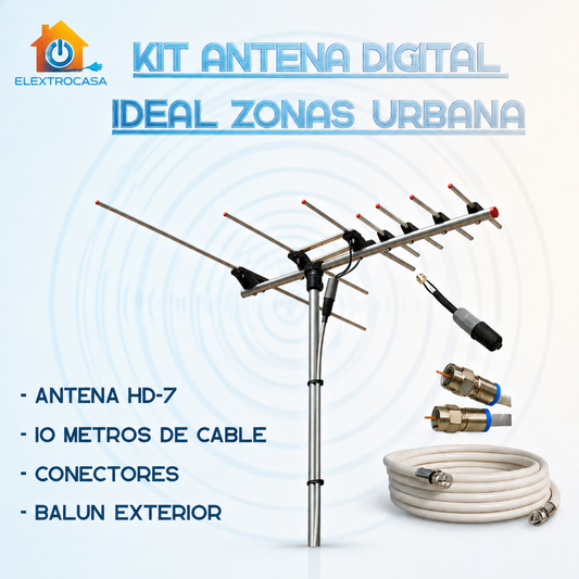 Kit Antena Digital HD-7 Zona Urbana - Incluye 10 metros de cable más conectores