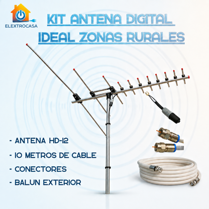 Kit Antena HD-12 Especial Para Sectores Rurales - Incluye 10 metros de cable coaxial, conectores y balun exterior