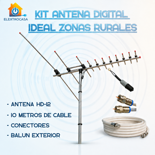 Kit Antena HD-12 Especial Para Sectores Rurales - Incluye 10 metros de cable coaxial, conectores y balun exterior